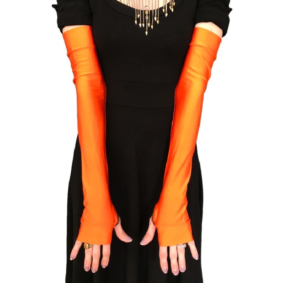 Long Costume Gloves Orange Cosplay Arm Sleeves Arm Warmers Shiny Nylon Stretchy - Picture 2 of 3